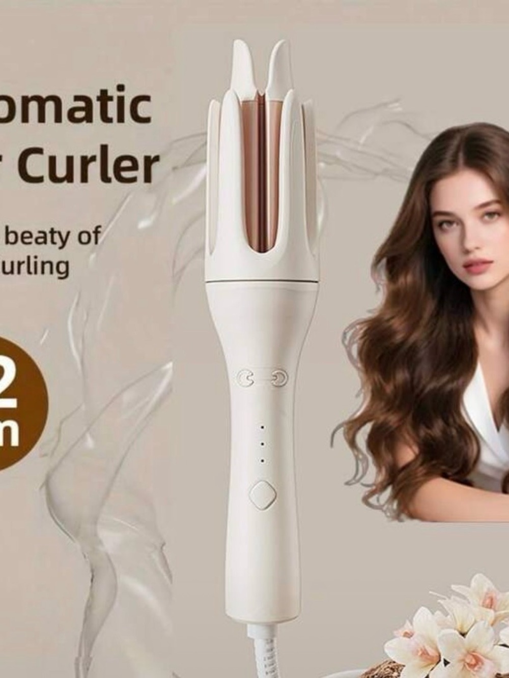 Pink/white automatic hair curler, professional salon hair styling tool, 3 temps.